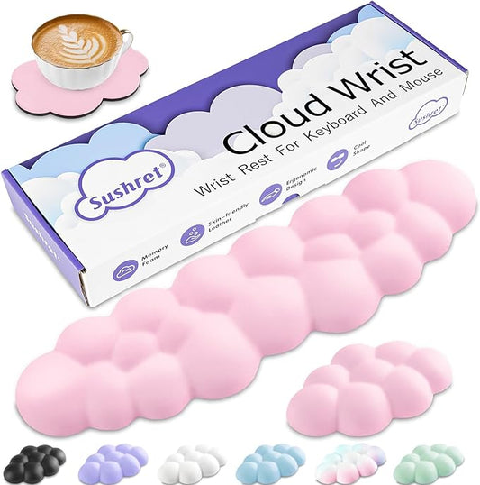 Cloud Wrist Rest Keyboard, Cloud Palm Rest Set with PU Leather Memory Foam, Cute Keyboard Rest for Wrist Support and Arm Rest, Desk Cloud Wrist Pad for PC/Gaming/Hand Cushion/Computer-Pink