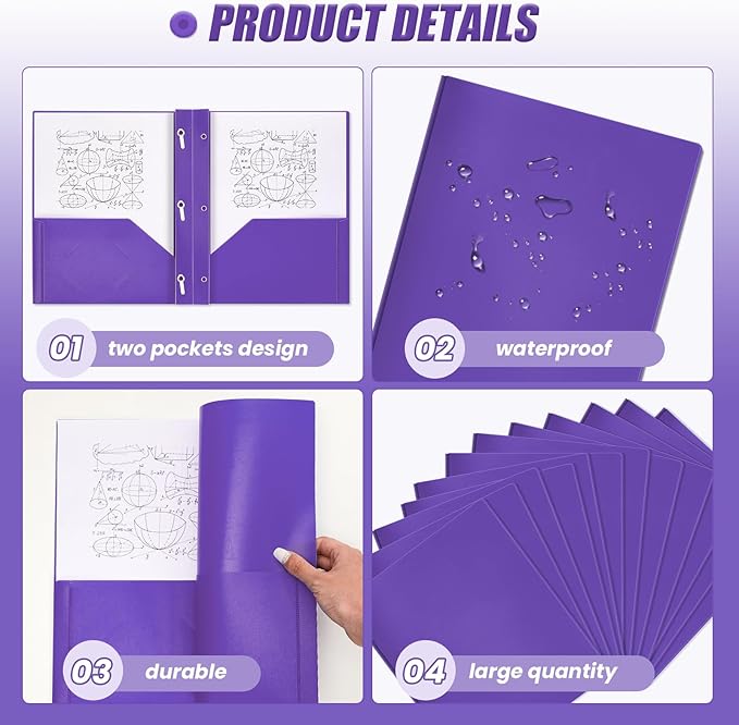 Yeaqee 60 Pcs Plastic Folders with Pockets and Prong Plastic Folders with 2 Pockets Pocket for Office, School for Students, Teachers, Office Workers (Purple)