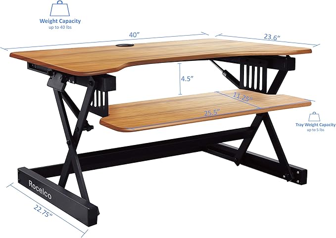 Rocelco 40" Large Height Adjustable Standing Desk Converter with Dual Monitor Mount BUNDLE - Quick Sit Stand Up Computer Workstation Riser - Retractable Keyboard Tray - Teak Wood Grain (R DADRT-40-DM2)