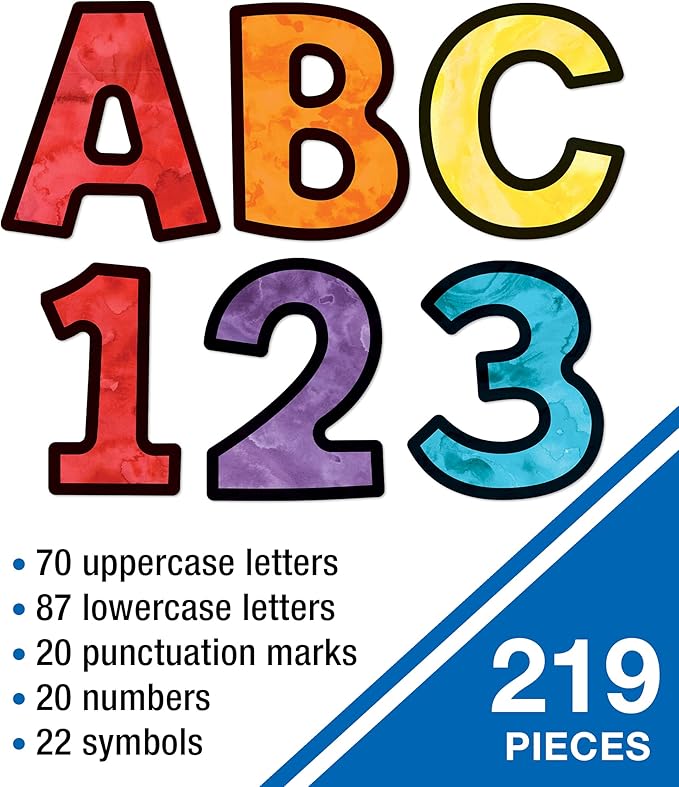 Carson-Dellosa Carson Dellosa 219 Piece 4 Inch Watercolor Colorful Bulletin Board Letters for Classroom, Alphabet Letters, Numbers, Punctuation & Symbols, Cutout Letters for Bulletin Boards