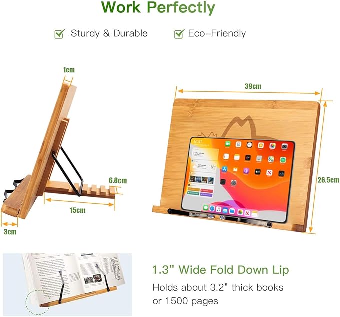 wishacc Book Stand XL-Large Size 15.4" x 11.0" Main Board-Adjustable Foldable Book Holder with Page Holder Clips - Holds Cookbooks, Receipe Books, Textbooks, Tablets, Laptops, Music Books, Documents