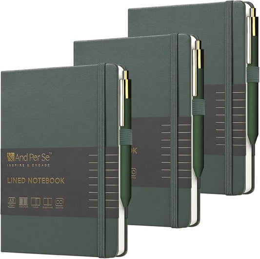 A5 Lined Leather Journal and Pen Set (3 packs), Hardcover Notebook with Pen, 160 Pages 100gsm Thick Ruled Paper for Men Women, for Work, Business, School or Home Writing, 5.7'' x 9'' (Green)
