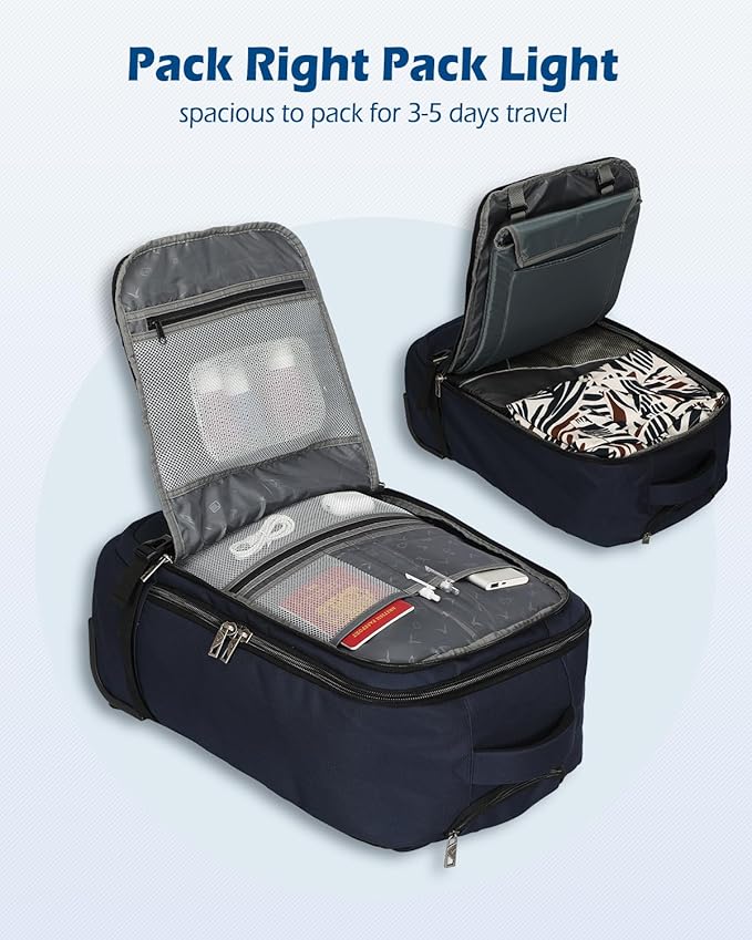 Hynes Eagle Rolling Backpack 42L Backpack with Wheels Airline Approved Carry on Luggage Laptop Travel Backpack for Women Men Navy Blue