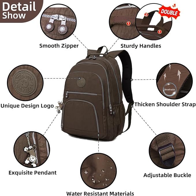 Casual Lightweight Travel Laptop Backpacks Water Resistant Large Nylon Backpack for Men Women Hiking Camping Cycling Packback Daypack, Fits 17.3 Inch Laptop and Notebook - Coffee