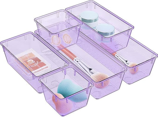 WOWBOX 6 Pack Clear Drawer Organizer Set, Acrylic Drawer Storage Trays, Storage Bins for Makeup, Cosmetics, Jewelries, Utensils, Gadgets, Office, Purple