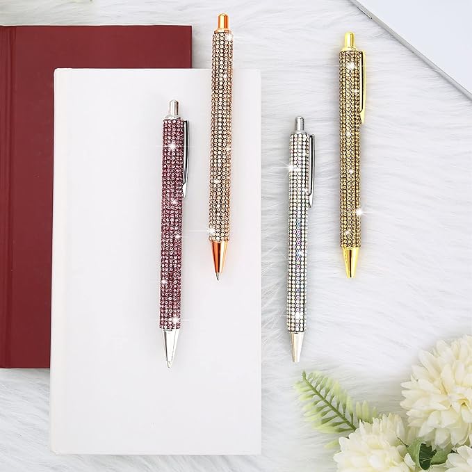Ireer 4 Pcs Bling Rhinestone Sparkly Pens for Women Diamond Ink Crystal Glitter Metal Ballpoint Bedazzled Fancy Pens 4 Pcs 1.0mm Refills(Gold, Silver, Pink and Rose Gold)