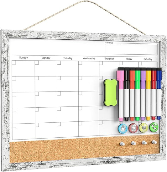 Dry Erase Calendar for Wall, 17"x13" Whiteboard Calendar Cork Board Combo, Magnetic White Board Monthly Calendar with Wood Framed, Hanging Dry Erase Board for Office Kitchen Home Planner Memo