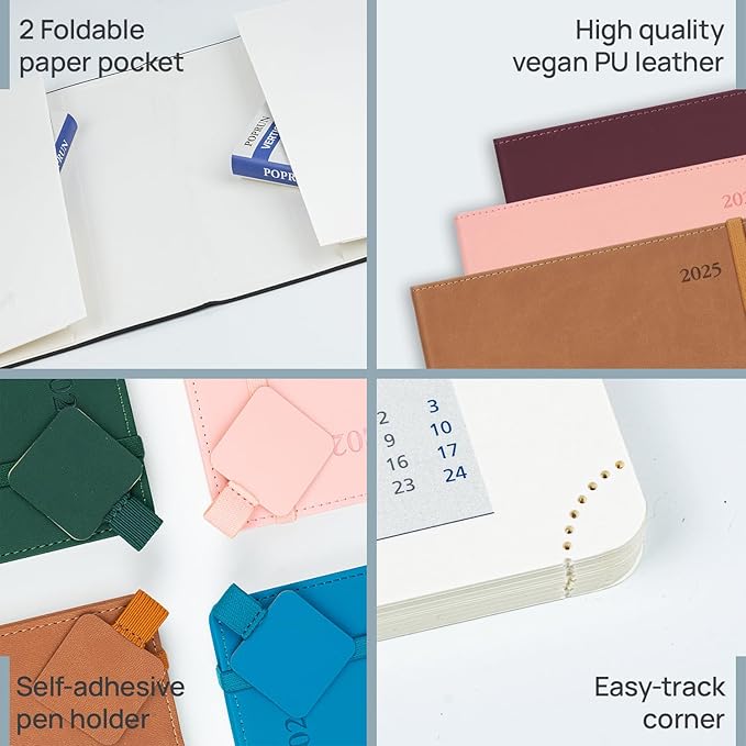 POPRUN 2025 Monthly Calendar 8.5" x 11", Large Writing Space Monthly Planner with PU Leather Soft Cover, Dual Pockets, Monthly Tabs, 100GSM Thick Paper, Sunday Start - Claret