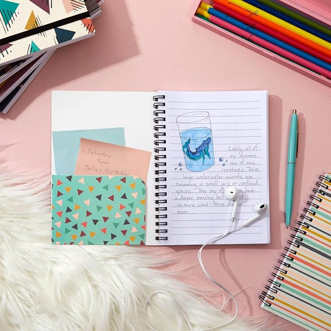 Paper Junkie 6 Pack 5x7 Spiral Notebooks with Pocket - Small Lined Journals with Elastic Closure for School, Work (6 Designs)