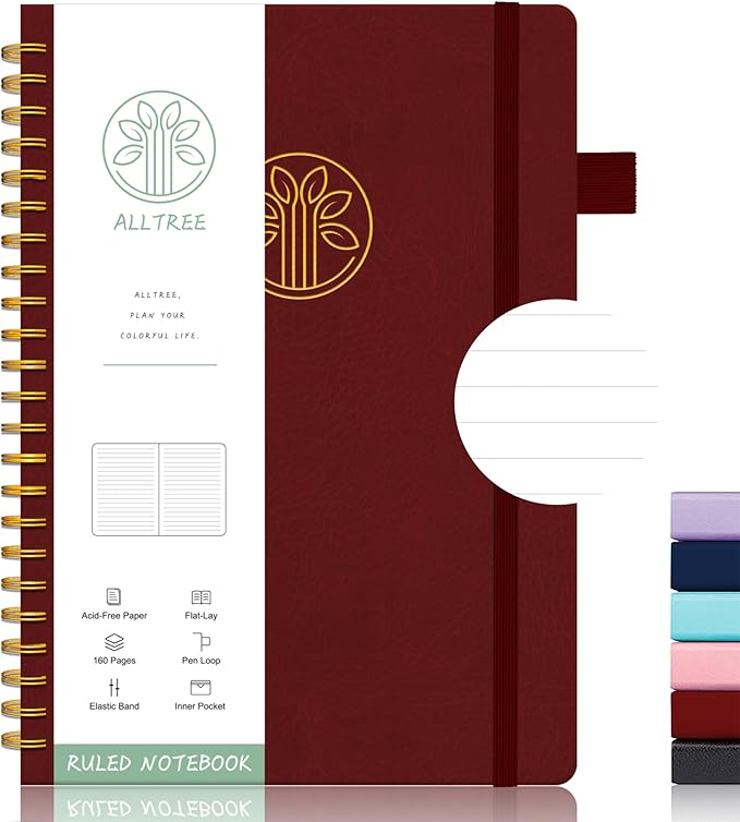 Alltree Lined Journal Notebook, Spiral Journal for Women, A5 Medium, Leather Hardcover Spiral Notebook with Tabs, Pen Loop, Pocket, Stickers, 160 Pages, Journal for Work, Burgundy(6"x8.5")