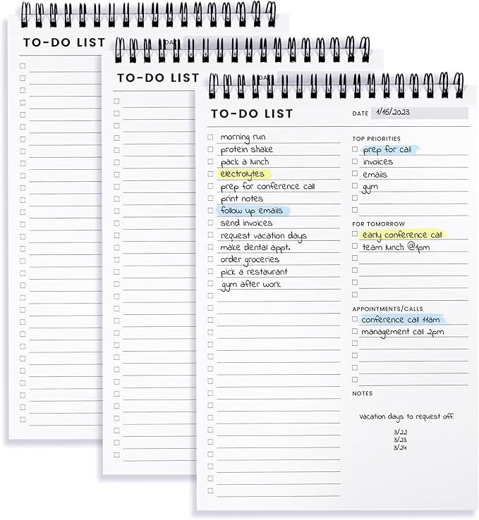 To Do List Notepad 3 Pack: Has Multiple Functional Sections - 6.5 x 9.8" 60 Sheets - Spiral Daily Planner Notebook - Task Checklist Organizer Agenda Pad for Work, Note and Todo Organization