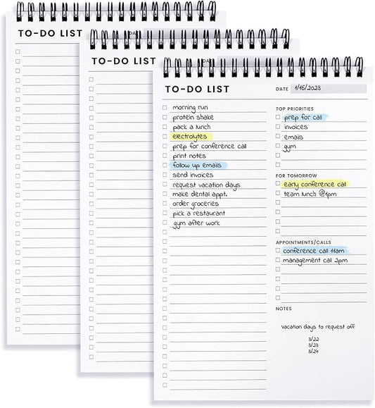 To Do List Notepad 3 Pack: Has Multiple Functional Sections - 6.5 x 9.8" 60 Sheets - Spiral Daily Planner Notebook - Task Checklist Organizer Agenda Pad for Work, Note and Todo Organization