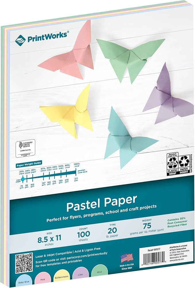 Printworks Pastel Paper, 20 lb, 5 Assorted Pastel Colors, 30% Recycled Color Printer Paper, SFI Certified, Perfect for School and Craft Projects, 100 Sheets, 8.5 x 11 Inch (00577)