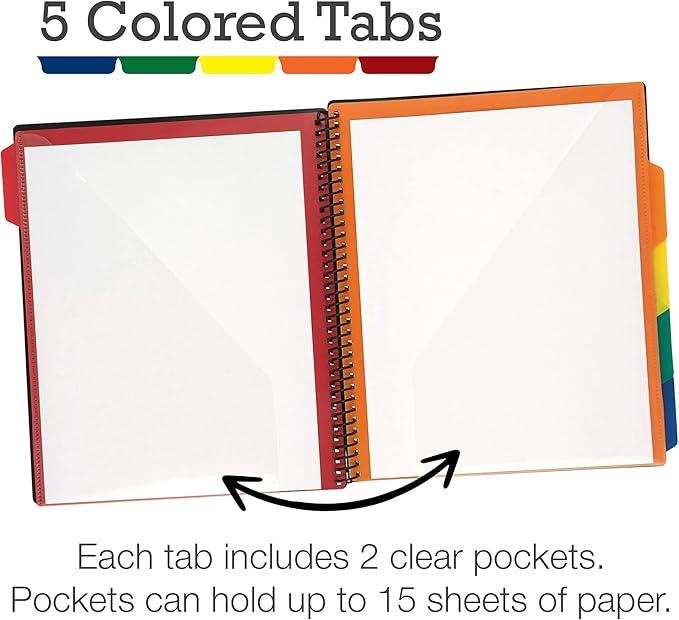 Samsill 10 Pocket Poly Organizer with 5 Dividers,File Folders Letter Size,Customizable Front Cover,Inner Zipper Pouch,Erasable Write-On Tabs in Assorted Colors,Plastic Folder with Pockets