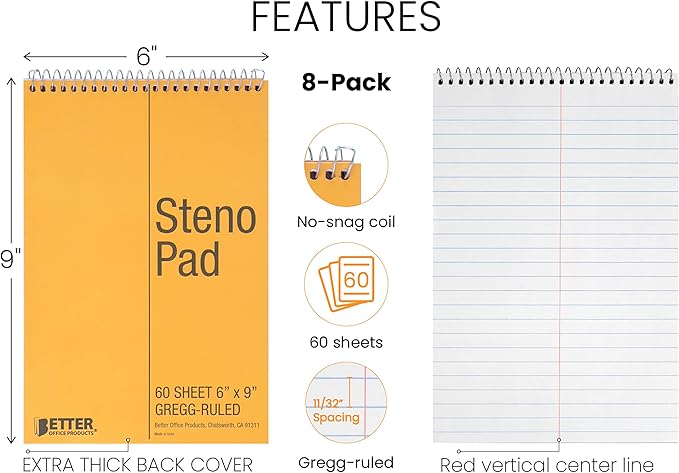 Better Office Products Spiral Steno Pads, 8 Pack, 6 x 9 inches, 60 Sheets, White Paper, Gregg Rule, Natural Board Cover, 8 Steno Notebooks