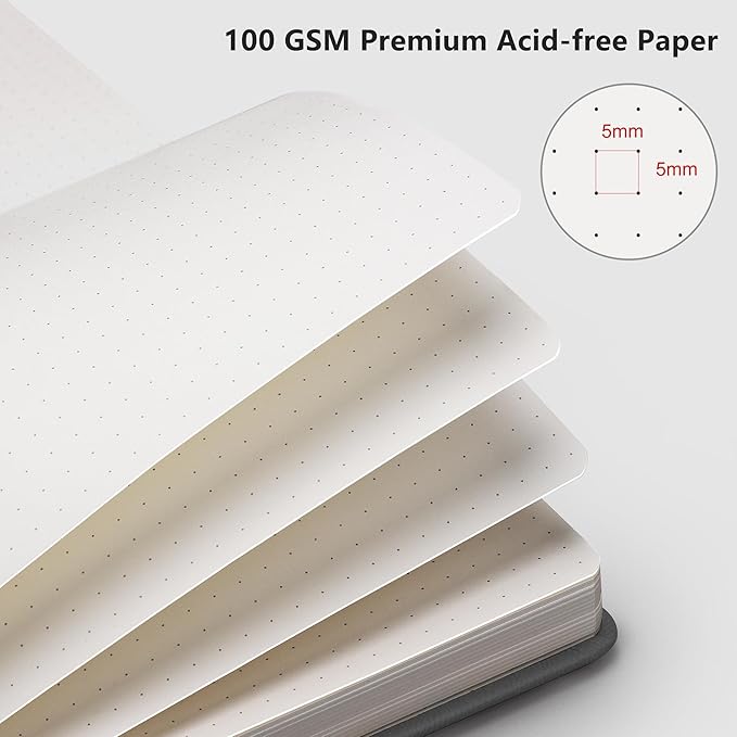 RETTACY Bullet Dotted Journal, A5 Dotted Notebook Journal with 192 Pages, 5.7'' × 8.3'', Medium Size, 100 GSM Thick Paper, Leather Hardcover, Bullet Journaling, Planning (Gray)