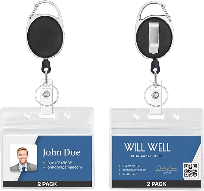 Will Well ID Badge Holders with Clip and Keyring - Horizontal Clear Plastic 2.52" x 3.58" Sleeves Fit Up to 3 Cards - Retractable 24" UHMWPE Fiber Pull Cords for Easy Access - 2-Pack, Black Reels