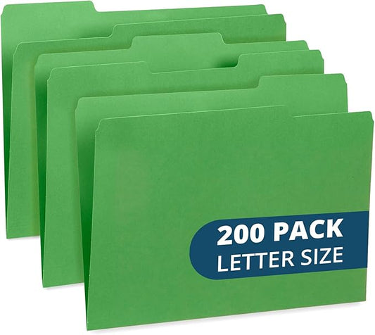 Blue Summit File Folders, Letter Size, 1/3 Tab, Green, Great for Organizing and Easy File Storage, 200 Per Box