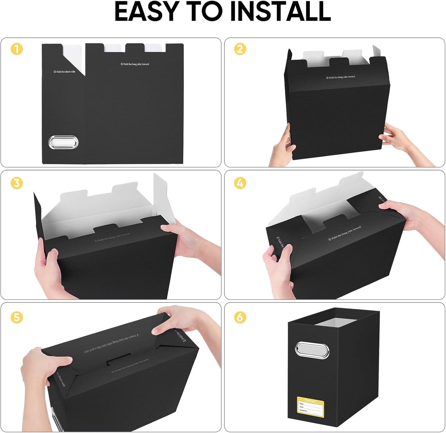 BALEINE File Organizer Box, Cardboard File Folder Organizer with Handle for Letter Size, Portable Collapsible Hanging Filing Box for Home Office Document Storage (4 Pack, Black)