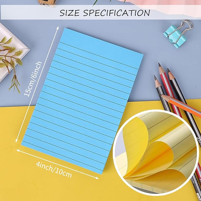 Lined Sticky Notes 4x6, 8 Pads, Sticky Notes with Lines Self-Stick Note Pads, Large Sticky Notes 8 Bright Colours, Perfect for Office Home School Desk Accessories, 40 Sheets/pad