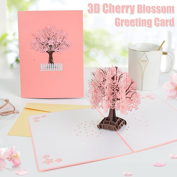 Wanateber 3D Pop Up Aniversary Card with Cherry Tree, Pop Up Lovers Wedding Card, Birthday Cards for Wife, Husband, Lovers, Couple, Romantic Valentines Day Cards, Greeting Cards for Mothers Day