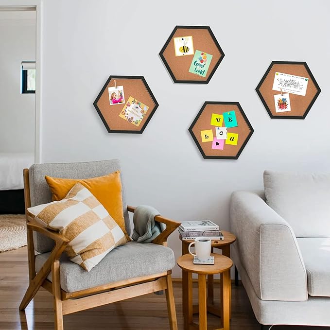 Cork Bulletin Board Hexagon Black, Small Framed Corkboard Tiles for Wall, Thick Decorative Display Boards for Home Office Decor, School Message Board with 16 Push Pin Wood Clips (4 Pack)