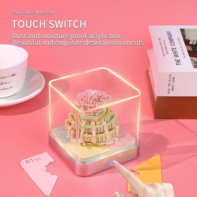 Time Piece Calendar,3D Art Calendar Memo Pad 2025 Creative Desk Calendar with Light,Castle in Sky Tear Away Paper Carving 3D Memo Pad Art Notepad Christmas Gift