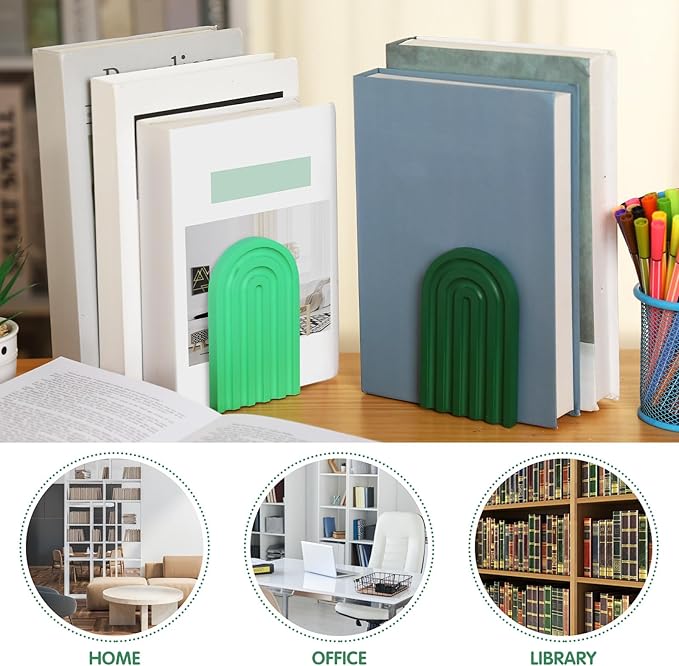 Harloon 4 Pieces Boho Arch Wood Bookends Rainbow Arch Back to School Gift Ideas Non Skid Bookend Decorative Wooden Book Stand Book Stoppers for Books Movies CDs (Green Color)