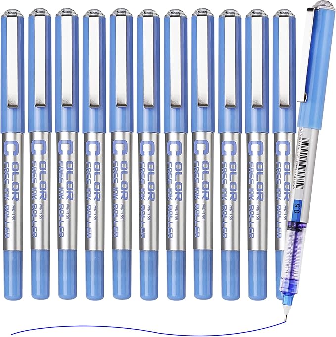 EYEYE 0.5mm Blue Pens Needle Tip, 12 Pack Rollerball Pen Extra Fine Point Quick Dry, Blue Liquid Ink Pens Fine Point Smooth Writing Pen for Journaling, Note Taking, Office, School Supplies