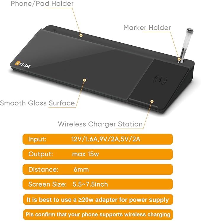 SELEAD Desktop Glass Whiteboard with Wireless Charger Station, Dry Erase Board Computer Pad Keyboard Stand with Organizer for Home, School, Office Desk Accessories, Black