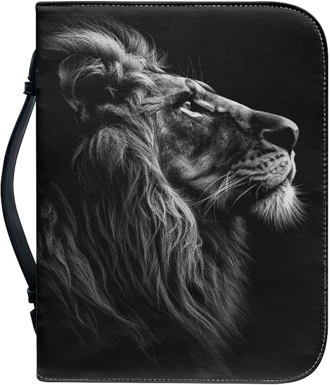 Lotusorchid Lion Print Faux Leather Bible Covers for Men, Portable Zippered Bible Carrying Case Bible Tote Bag for Women Girls, Christian Bible Study Accessories, Black, XL