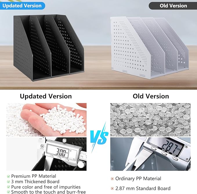 SAYEEC 2Pcs Collapsible Plastic Magazine File Holder Vertical Binder Storage Organizer for Desk Sturdy Upright Desktop Magazine Organizer Folder Rack for Office School Home (3 Compartments, Black)