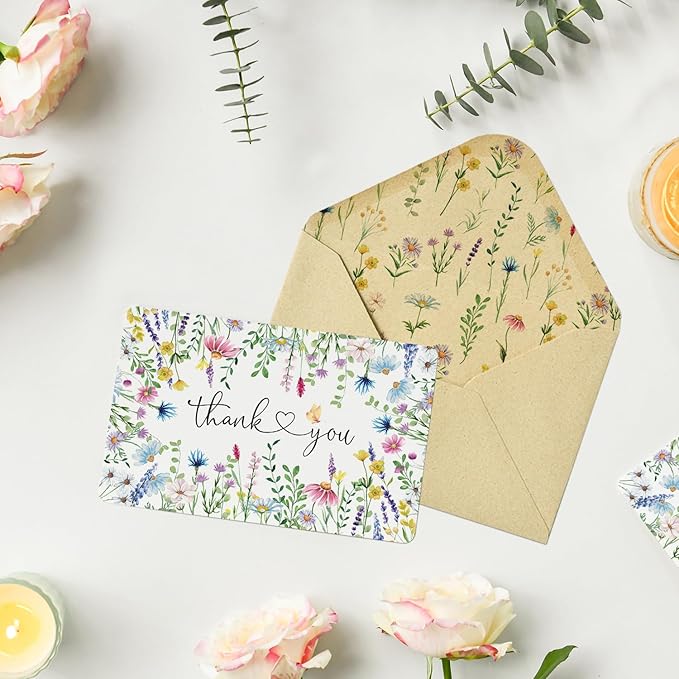 Artoid Mode 24 Pack Daisy Lavender Spring Thank You Cards Floral Leaves Greeting Cards Gift With Envelope Sticker Blank Note Cards for Birthday Wedding Baby Shower Bridal Shower, 4 x 6 Inch