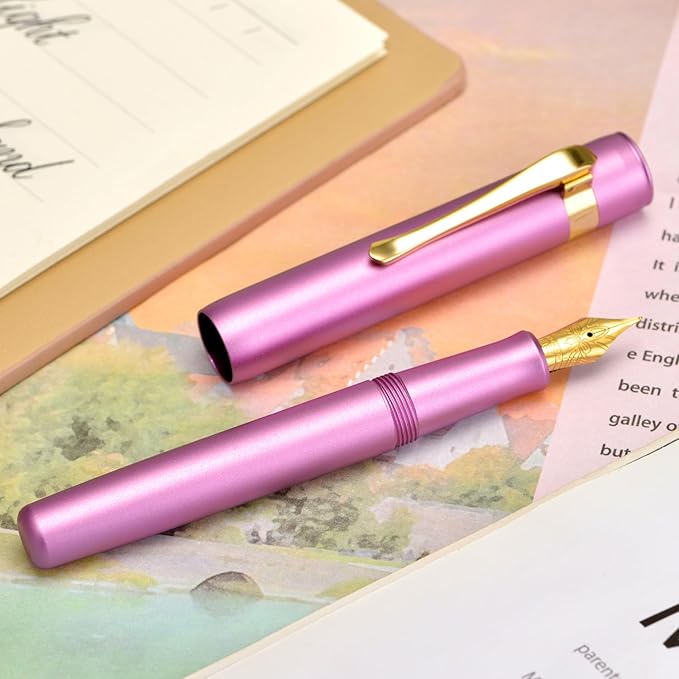 Hongdian M2 Black Forest Mini Fountain Pen, Medium Soft Golden Nib & Sleek Shape Aluminium Short Pocket Travel Pen (Lilac Purple)