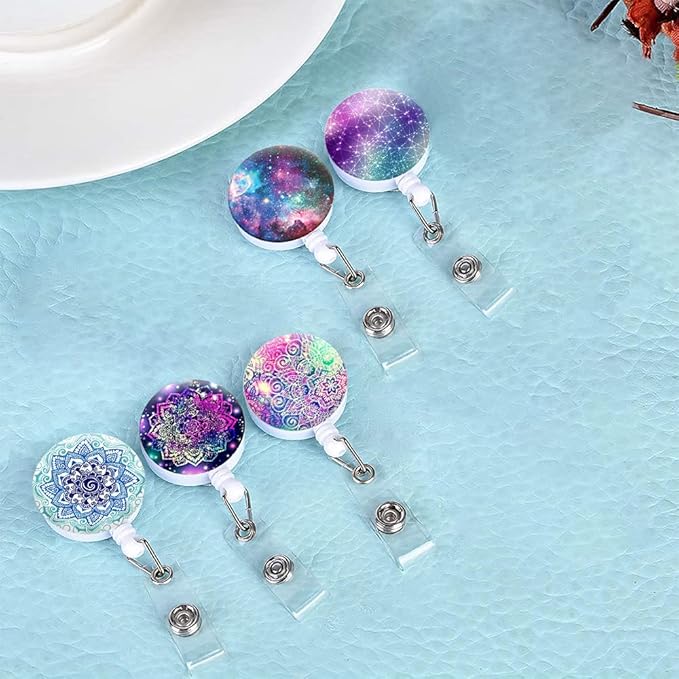 Retractable ID Badge Holder Nurse Badge Reels with Clip Name Card Holders for Office Worker Doctor Nurse (5 Pack Mandala Starry Sky)