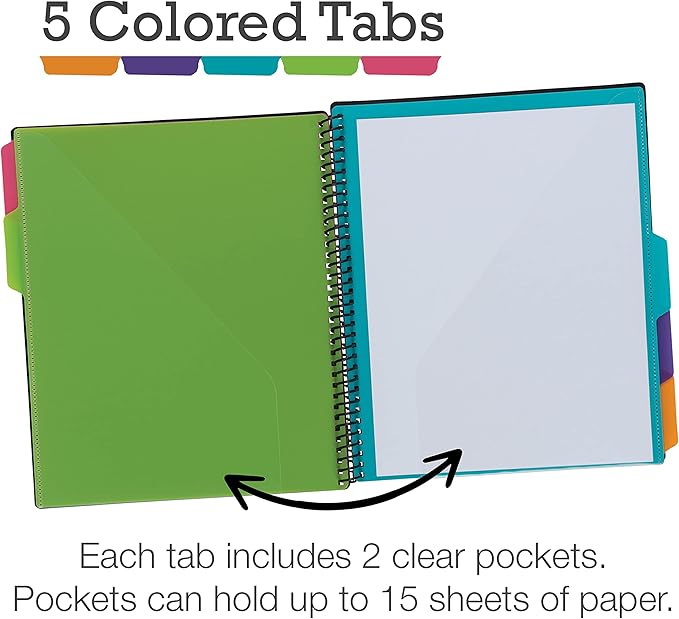 Samsill 10 Pocket Spiral Project Folder Organizer with 5 Dividers, Zipper Pouch, Customizable Front Cover, Erasable Write On Tabs in Fashion Colors, Plastic Folders with Pockets, 2 Pack