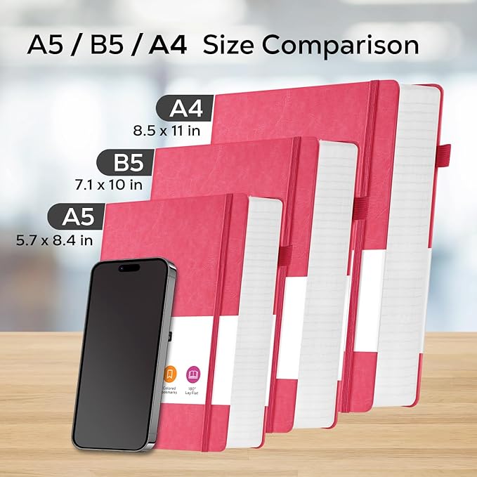 Lined Journal Notebook for Women/Men Writing Work, 320 Pages A4 Large Notebook notepads 8.5 x 11 for Note Taking, Hardcover Leather Journal, 100Gsm Thick Paper, Pink