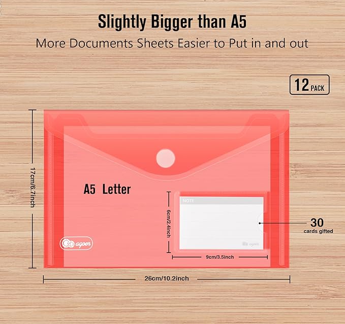 A5 Plastic Envelopes,24 Document Wallets A5,6 Colour A5 Poly Envelopes for Filing Documents with Perforated Edge/Label Pocket and 20 Pieces Gifted Business Card for Document Stationery Organization