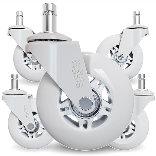 The Office Oasis Original Roller Style Office Chair Wheels (As Seen On PBS) - Smooth & Quiet Casters - Safe for Hardwood Floors & Carpet - Easy Install with Universal Fit - Set of 5 - White