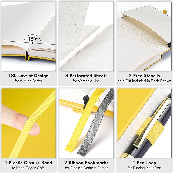 Bullet Dotted Journal Notebook, 312 Numbered Pages A5 Hardcover Leather Journal, 100gsm No Bleed Paper Dot Grid Notebook with Index Pages, Dot Journal for Women Men, 5.75" x 8.38", Yellow