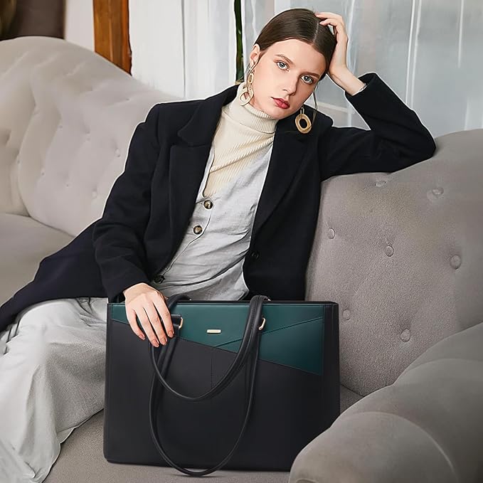 LOVEVOOK Laptop Bag for Women 15.6 Inch Tote Bags Waterproof Leather Briefcase Computer Women Business Office Work Bag,Black/Green