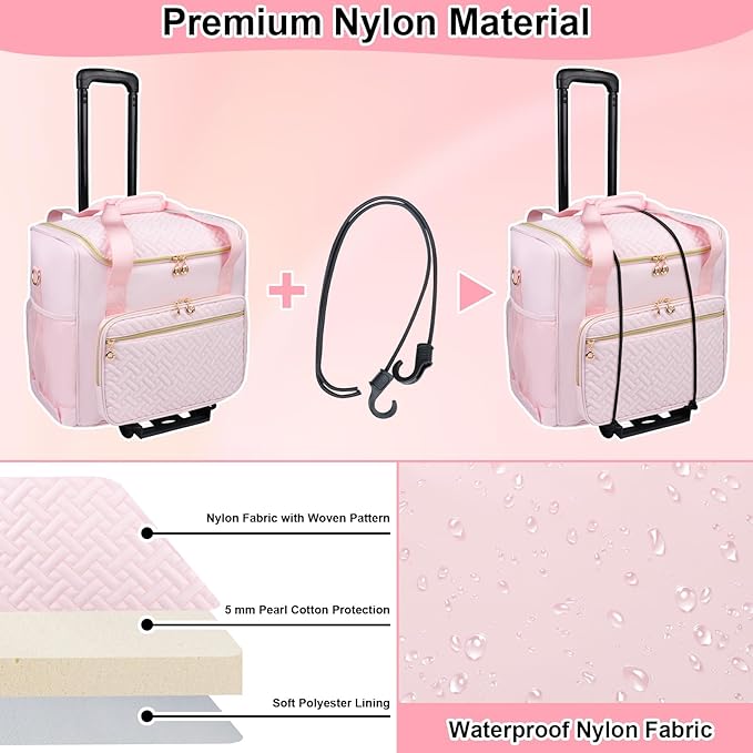 Rolling Teacher Tote Bag with Detachable Trolley, Wheeled Teacher Bag with 15 Inch Laptop Compartment, Soft Nylon Multifunctional Tote Bag with Wheels for Teaching& Office Supplies (Pink)