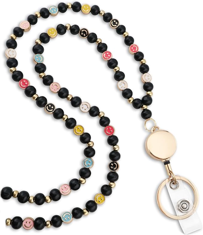Smile Teacher Lanyard for Women with Retractable ID Badge Reel and Keychain Cute Happy Beads Lanyard