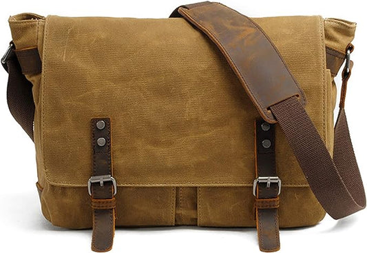 HuaChen Mens Waxed Canvas Messenger Bag Shoulder Satchel Leather Crossbody Bag for Laptop (M49_Khaki)