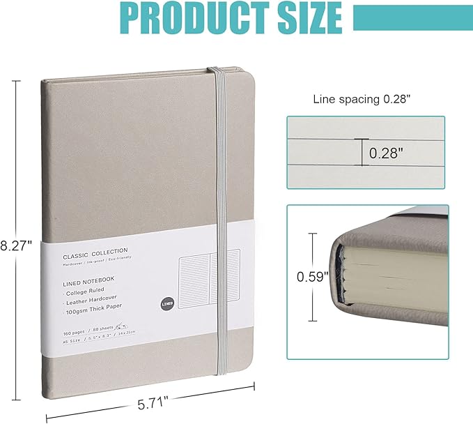 Lined Journal Notebook, 3Pack(Grey), 160 Pages, Medium 5.7 inches x 8 inches - 100 gsm Thick Paper, Hardcover