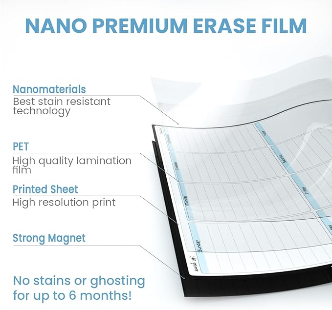 CLEVER CLEAN Magnetic Dry Erase Weekly Calendar - 14.25"x11.25" Weekly Calendar for Fridge - 6 Extra Fine Point Markers Included - Shipped Flat