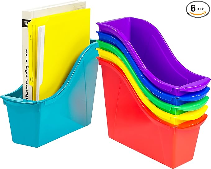 Storex 70113U06C Small Book Bin, 11.75 x 4.5 x 8.5 Inches, Assorted Colors, Color Assortment WILL Vary, Case of 6, Multicolor, Classroom Assortment