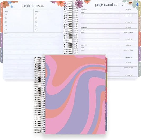 Erin Condren 12-Month Spiral Academic Planner (Jan 2025 - Dec 2025) | 7x9 School Agenda, Notebook and Calendar | 80 Lb. Text Weight Paper | Groovy Waves Cover and Floral Interior, Platinum Coil
