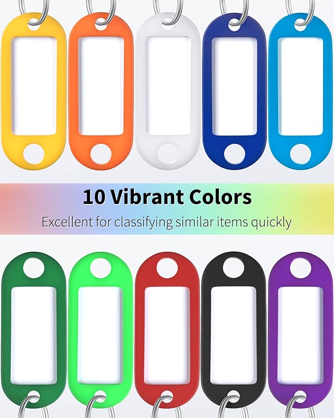 Uniclife 2 Inch Tough Plastic Key Tags in 10 Assorted Colors Item Identifiers Markers with Blank Paper Labels Protective Plastic Films and Split Rings, 10 Pack