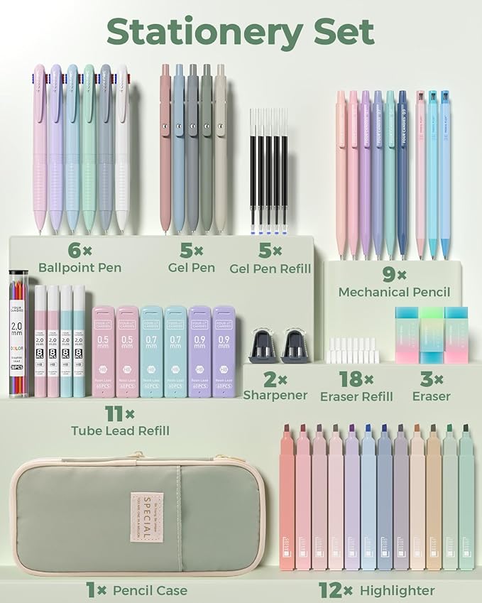 Four Candies 56 PCS Aesthetic School Supplies with Large Pencil Case, 6 Colored Ballpoint Pens, 12 Pastel Highlighters, 5 Black Ink Gel Pens, 9 Mechanical Pencils 0.5-2.0mm Student Essentials (Green)
